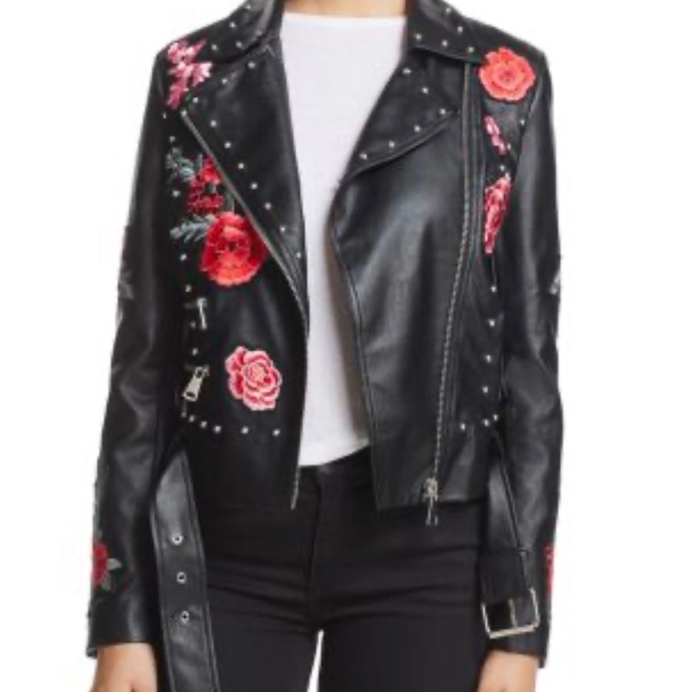 Floral Embroidered Black Leather Jacket